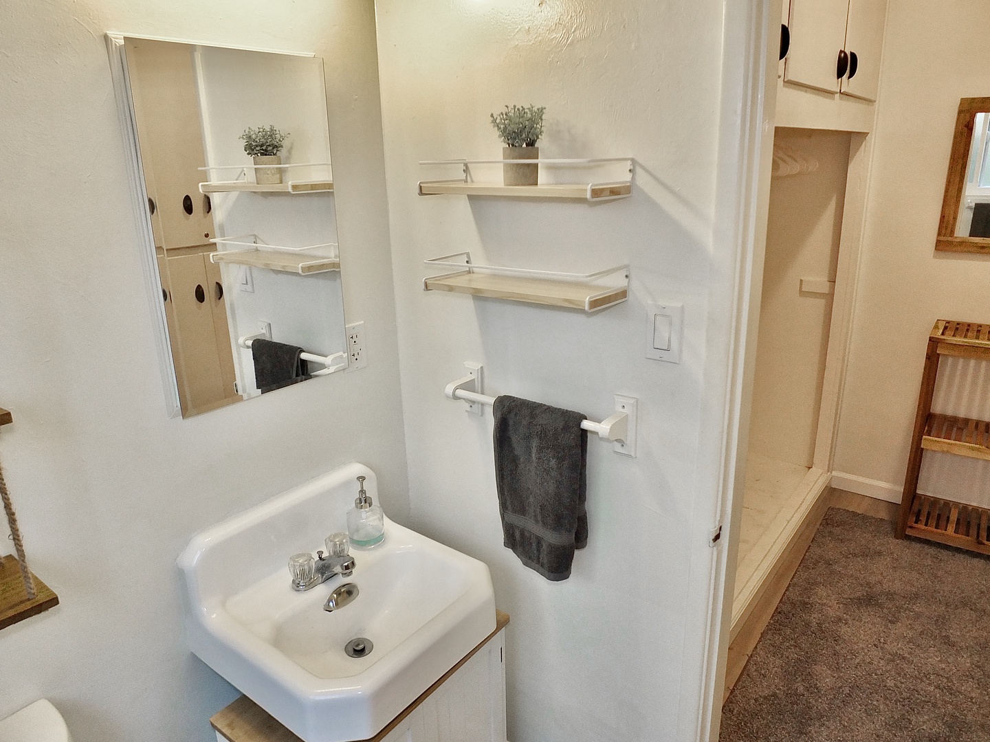 The full bathroom includes a single vanity & shower/tub combo