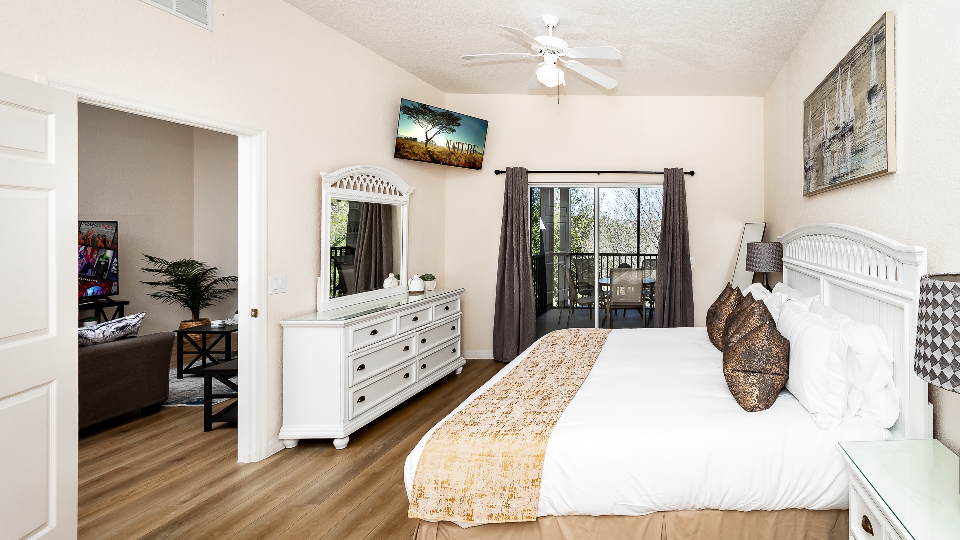 The regal king suite boasts a private ensuite, Smart TV, & balcony access