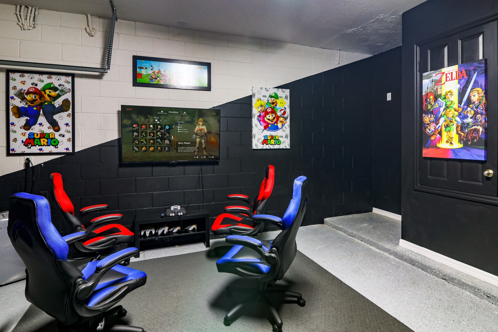 Video Game Room with TV's, gaming consoles, and game chairs(garage)