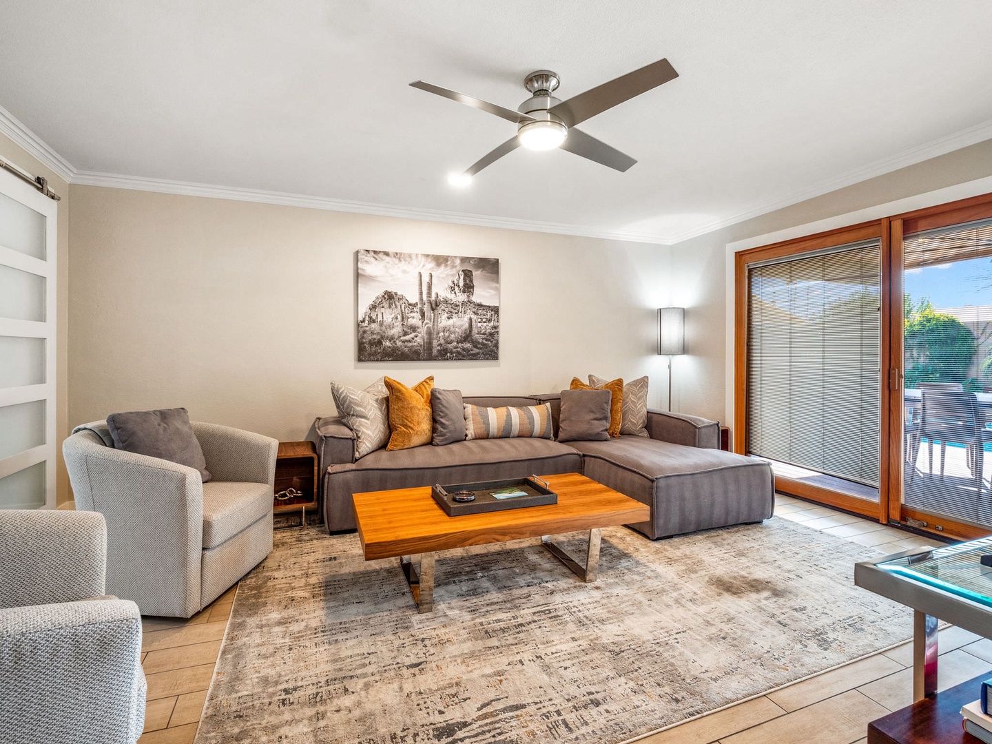 Ample seating in the living area around the TV