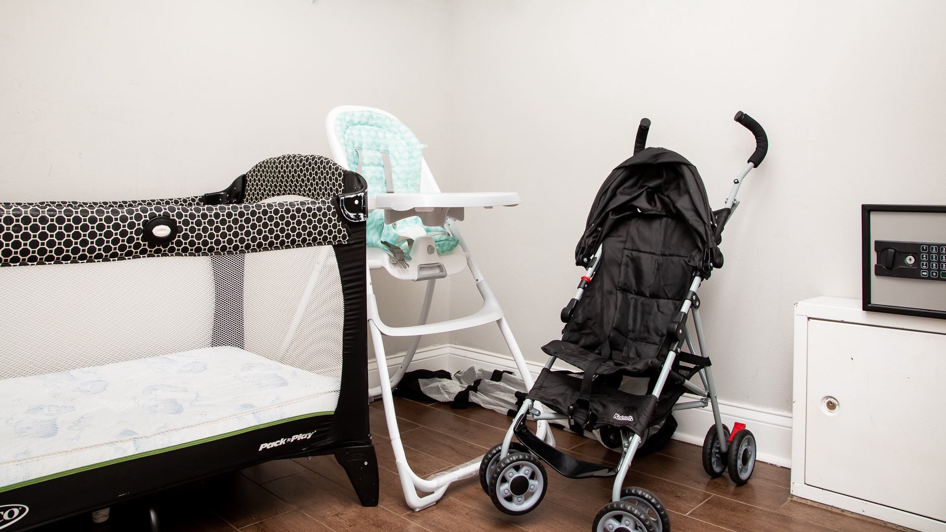 You can keep you crib, hig chair, and stroller at home - these will all at your fingertips for use!