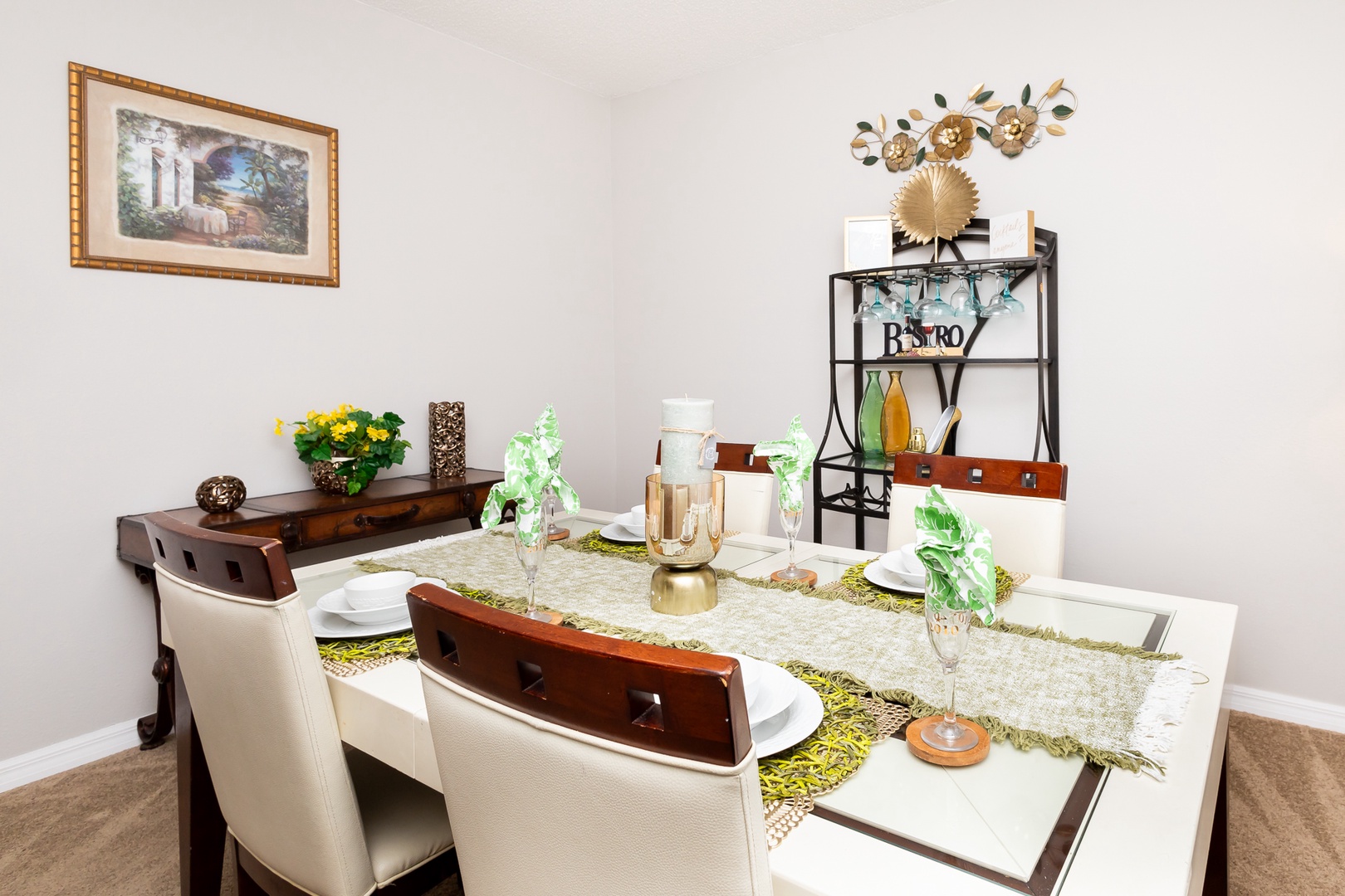 Gather for meals together at the formal dining table, with space for 6