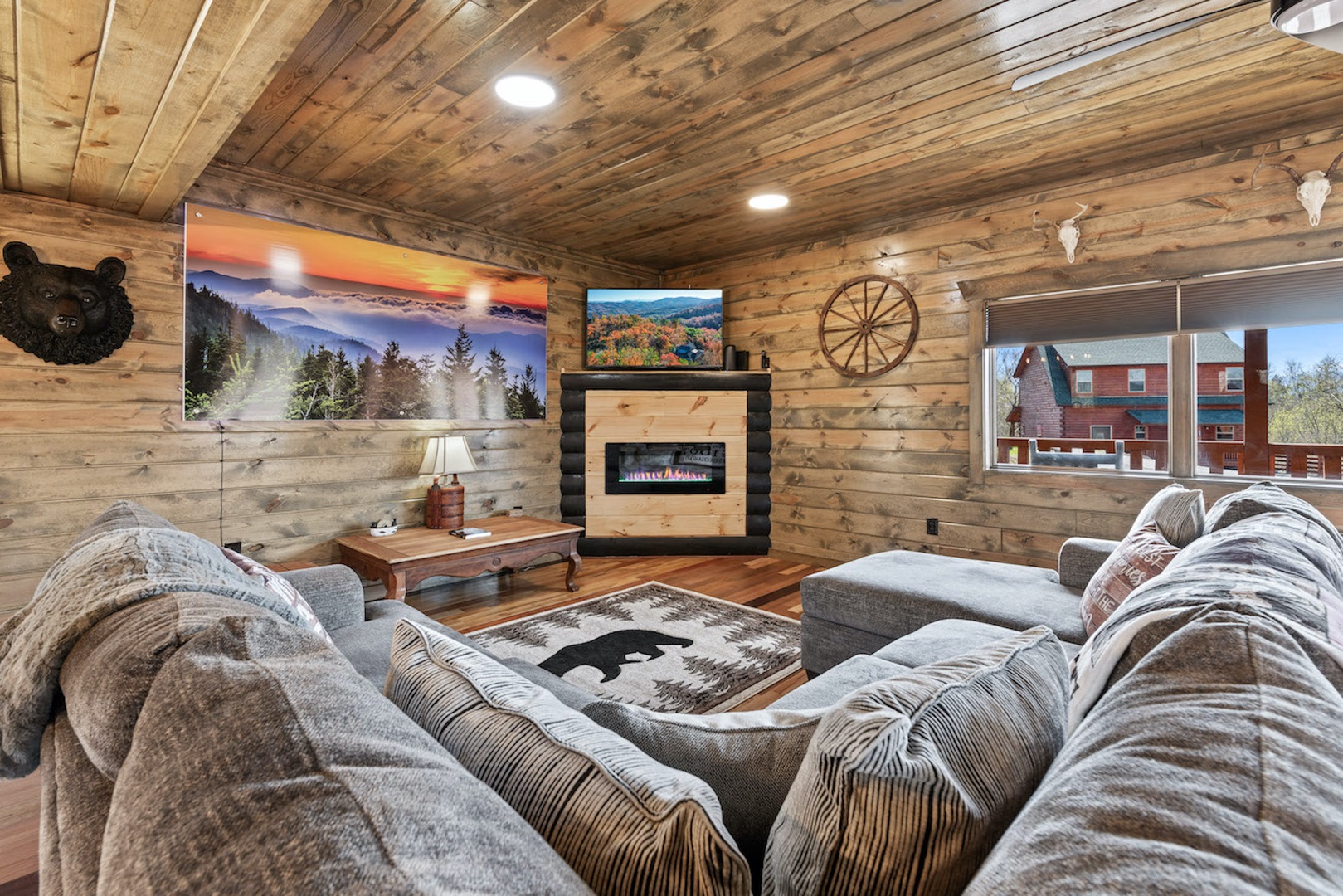 Cozy up in the main living room & stream your favorites by the fireplace