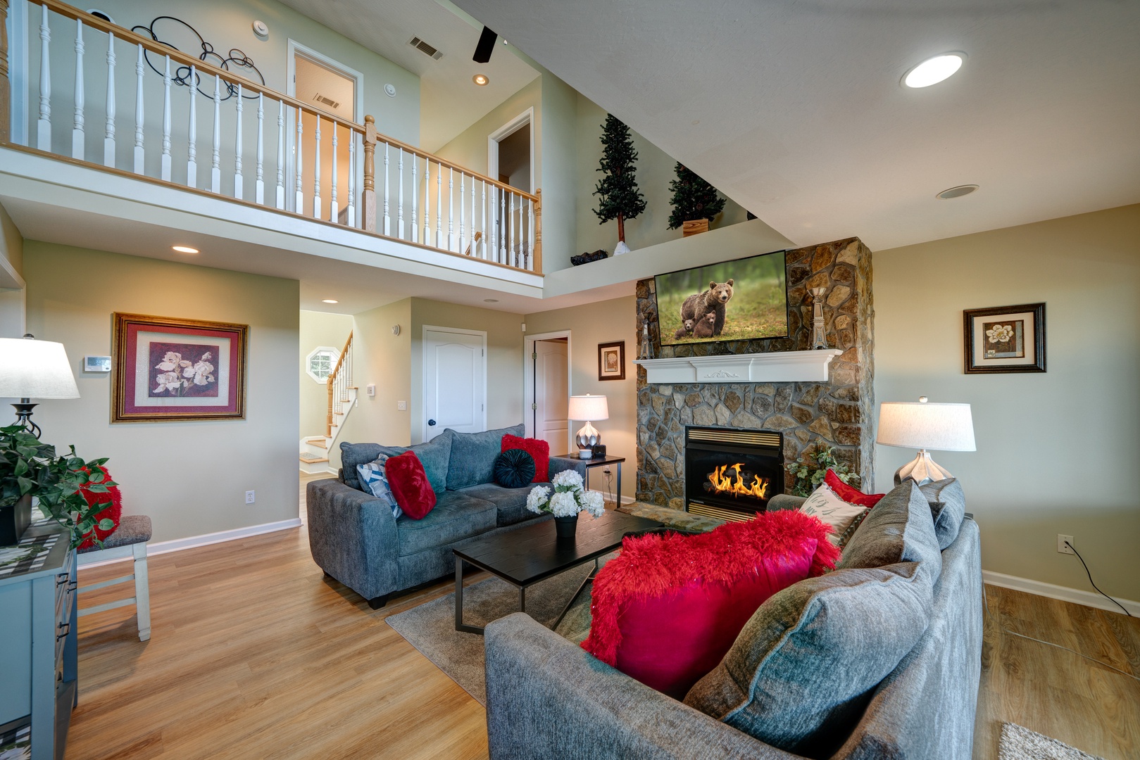 A view from the living room at the loft area above