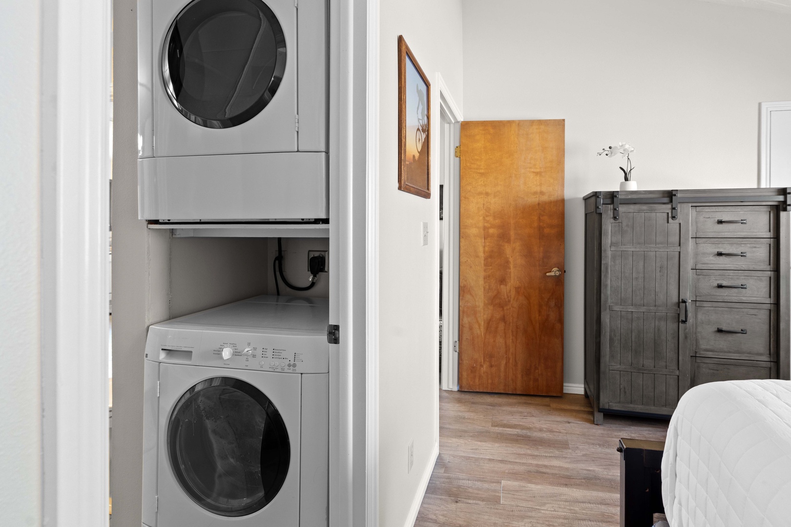 Private laundry is available for your stay, tucked away in the bathroom