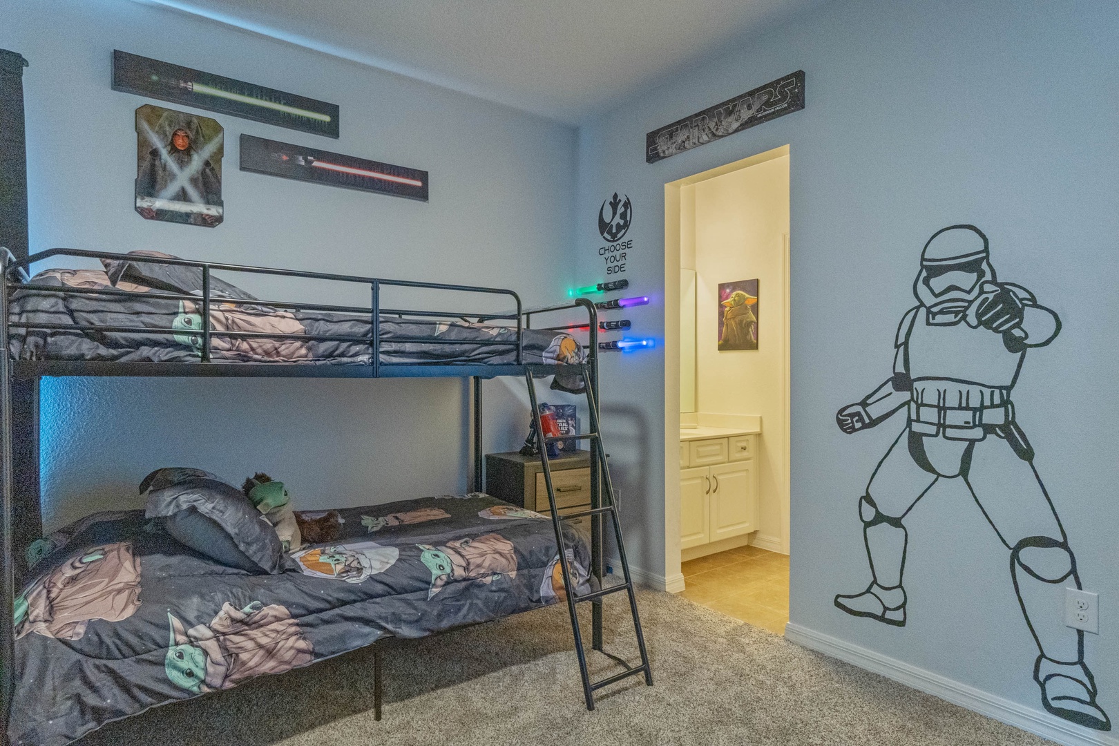 Bedroom 3 Star Wars themed with 2 Twin/Twin bunk beds, Smart TV, and shared Jack & Jill style en-suite (2nd floor)