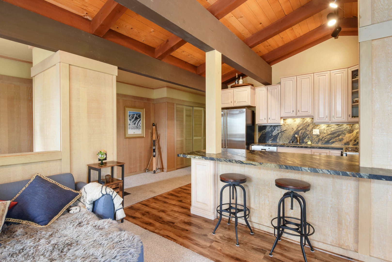 Kitchen with drip coffee maker, electric kettle, toaster and more