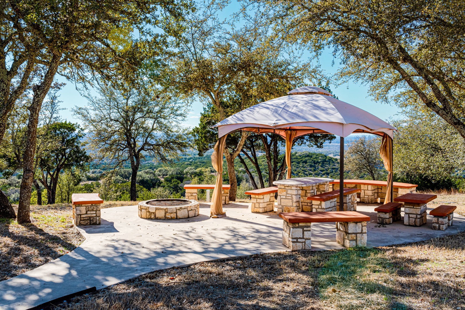 Gazebo with ample seating around the fire pit