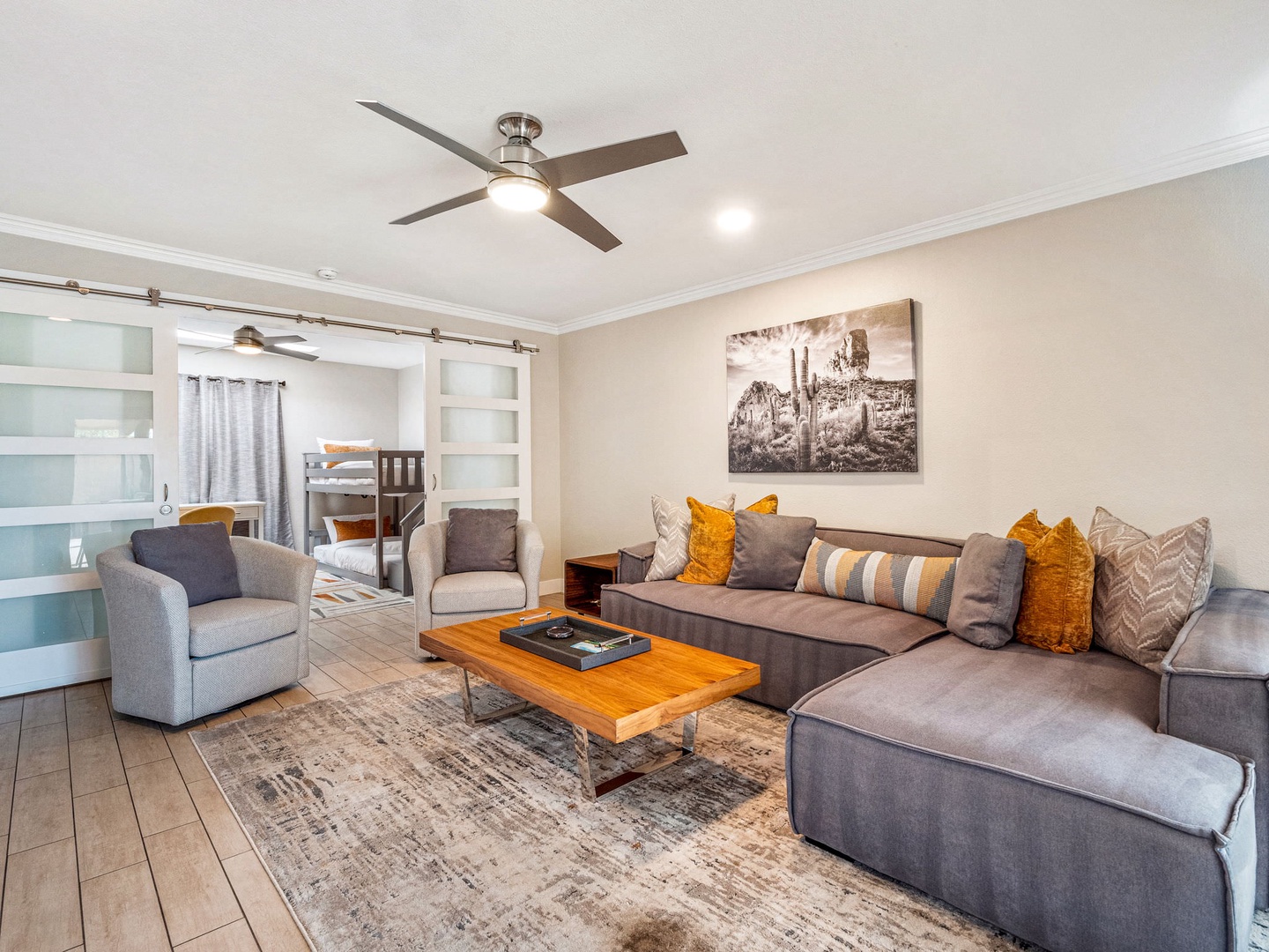 Ample seating in the living area around the TV