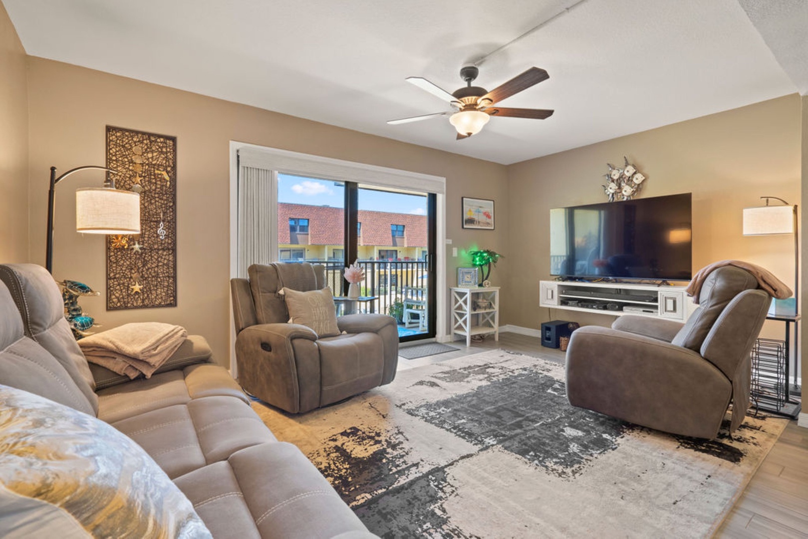 Bright living space with abundant seating, and Smart TV