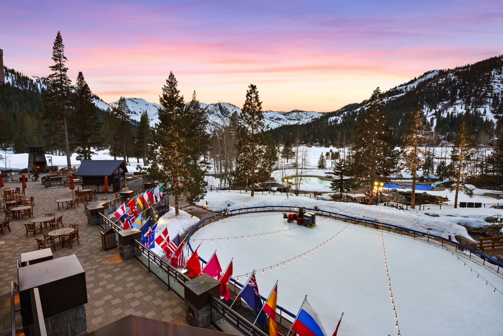 Resort at Squaw Creek in winter with ice skating, pool, ski in/out, access to hiking/biking trails