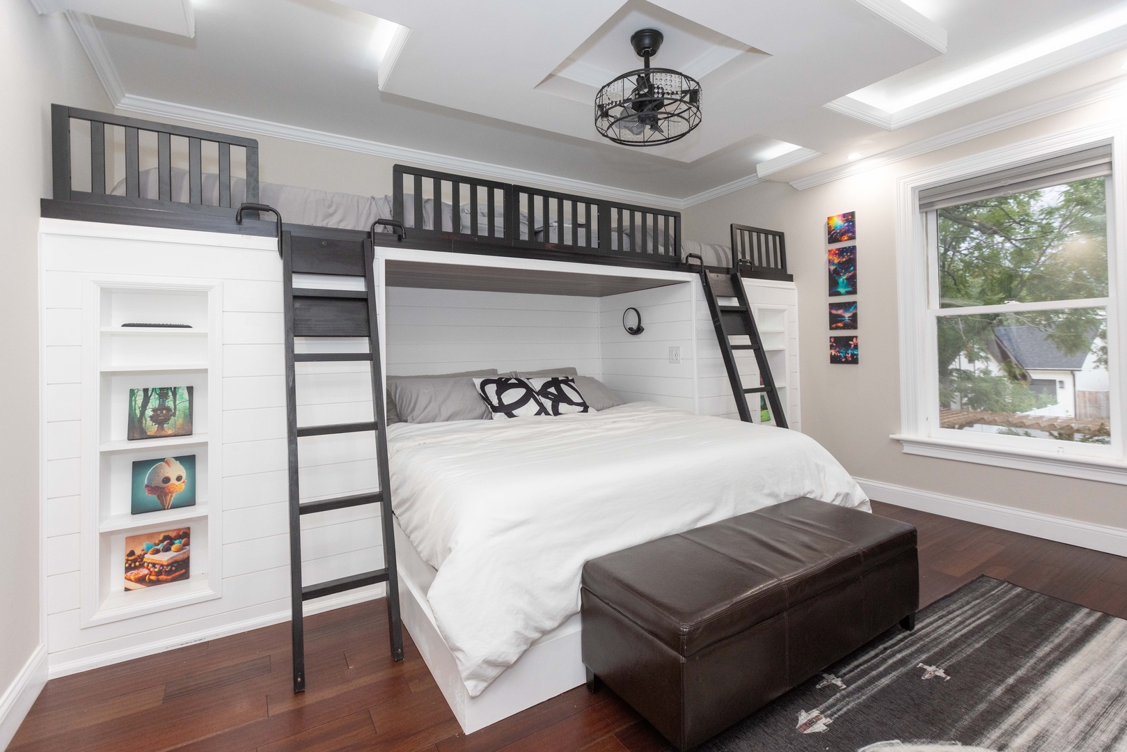 The 2nd floor bunk room offers a king bed, 2 twin bunks, & Smart TV