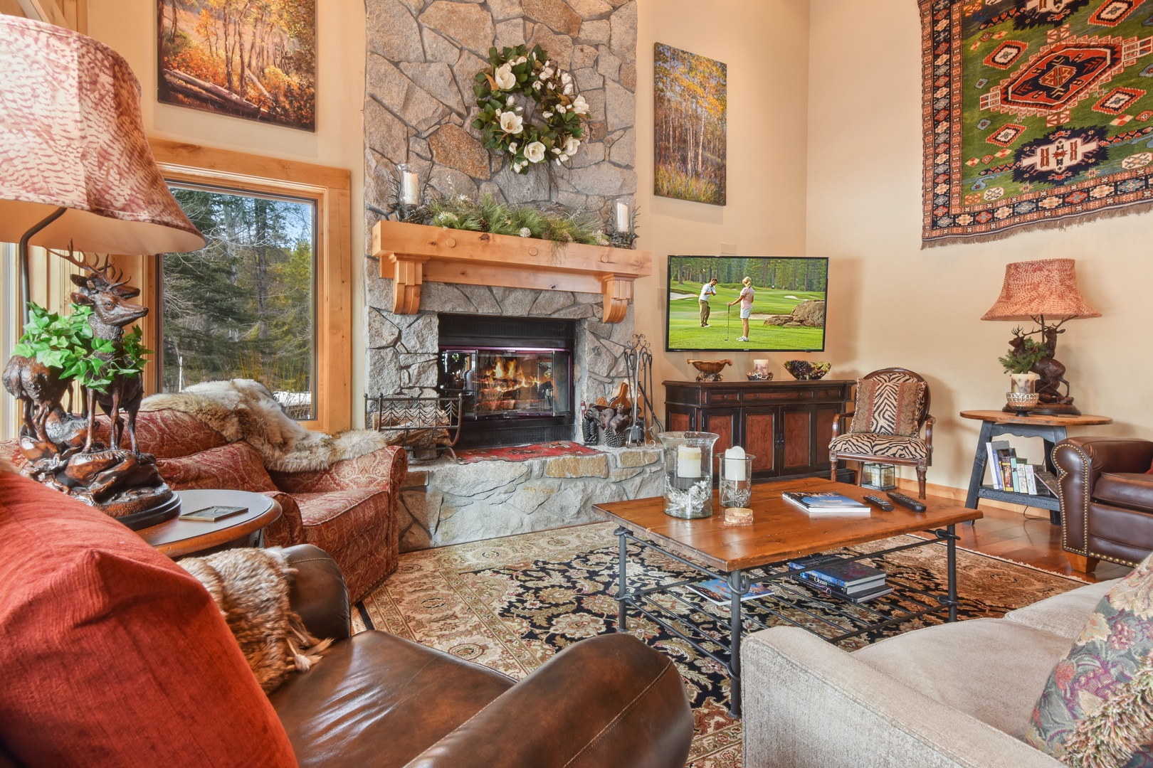 Living room with wood burning fireplace, Smart TV, DVD player
