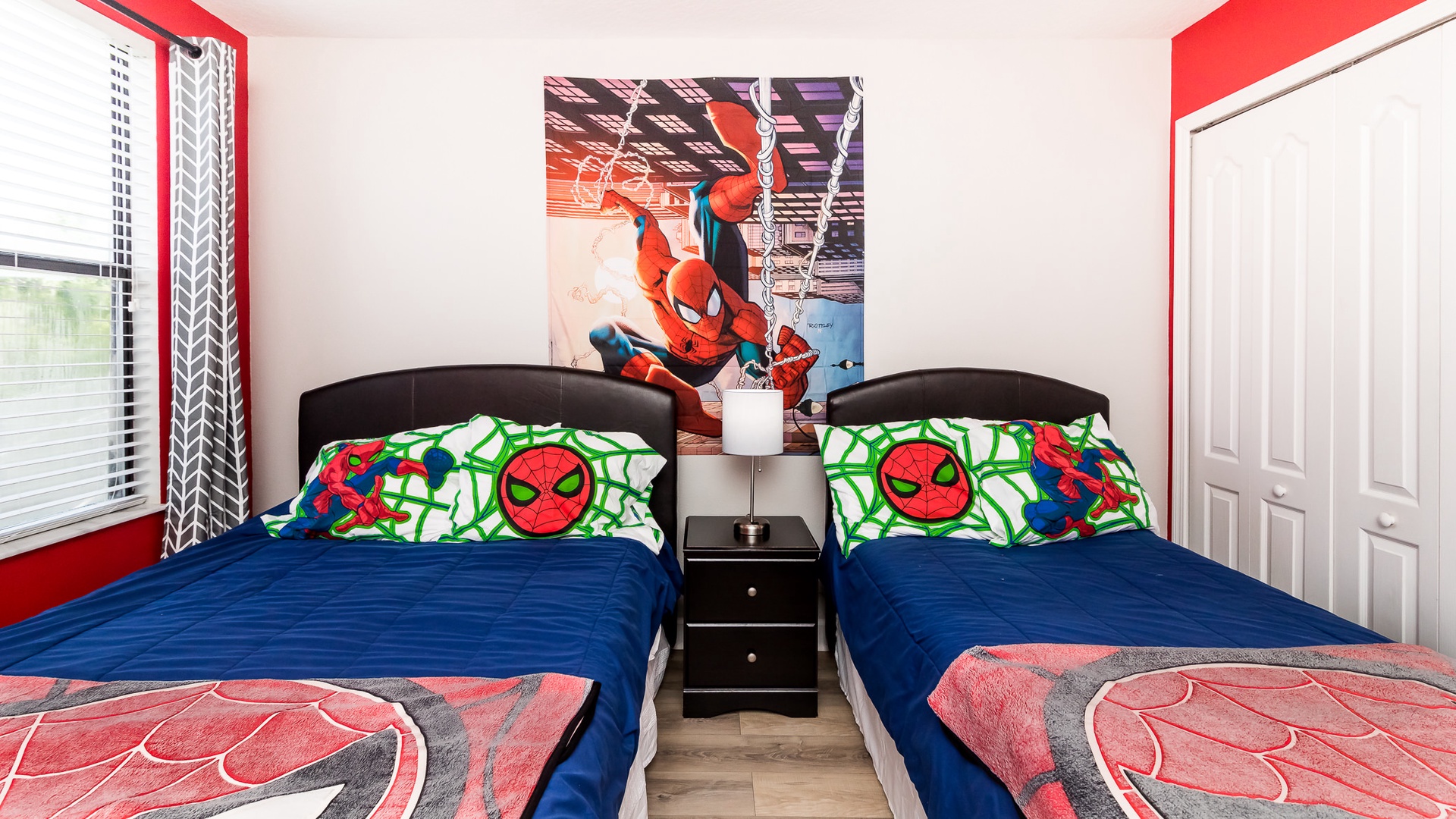 Bedroom 5 Spider Man themed, with Full bed, Twin bed, Smart TV, and Jack & Jill style bathroom (2nd floor)