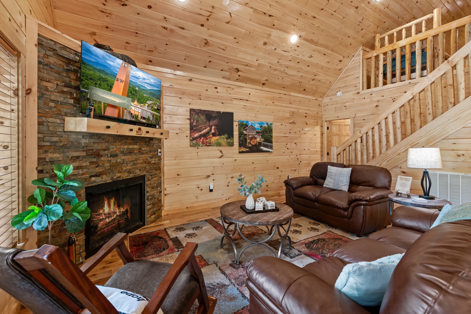 Curl up by the living room’s seasonal fireplace & stream your favorites