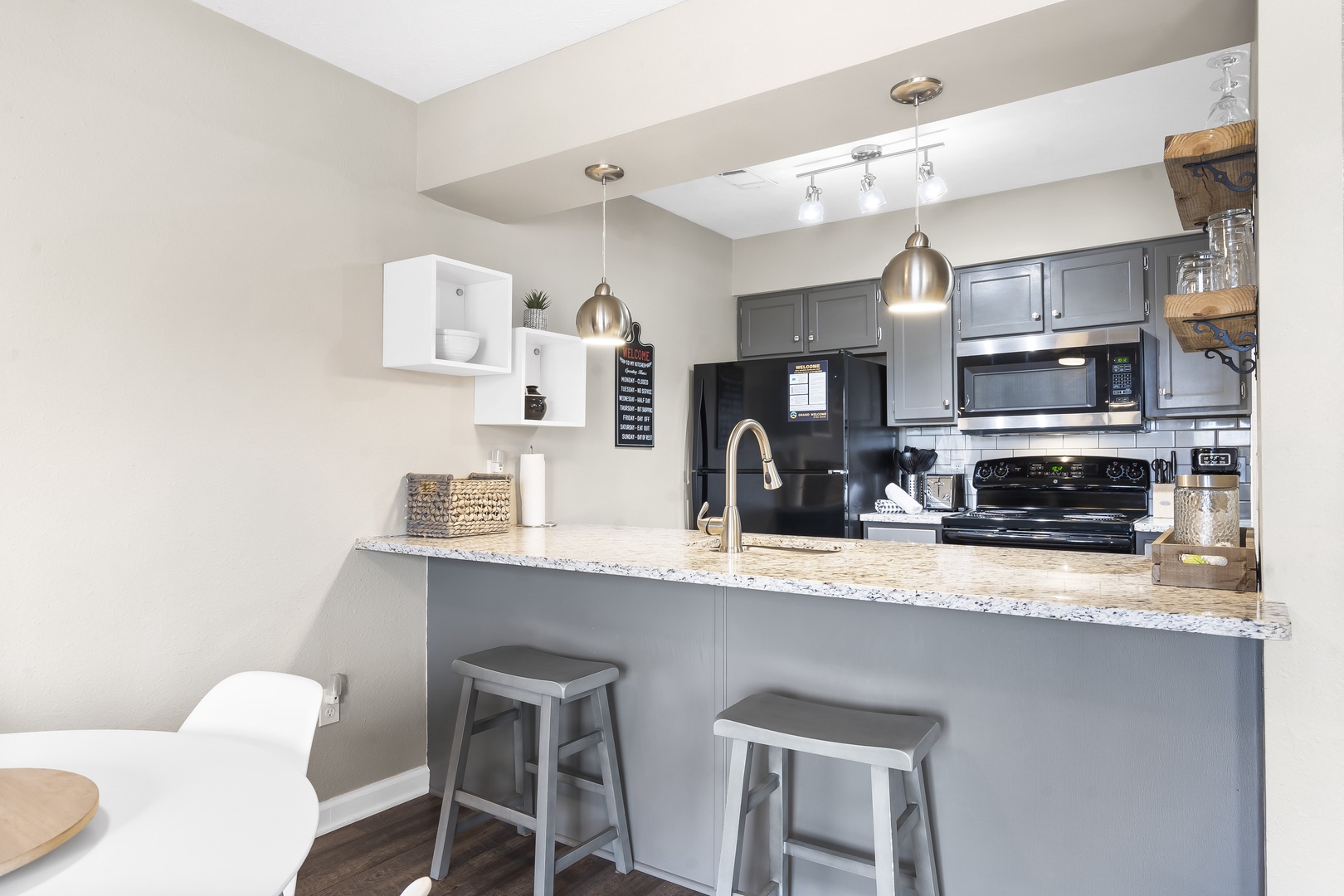 Sip morning coffee or grab a bite at the kitchen counter, with seating for 2
