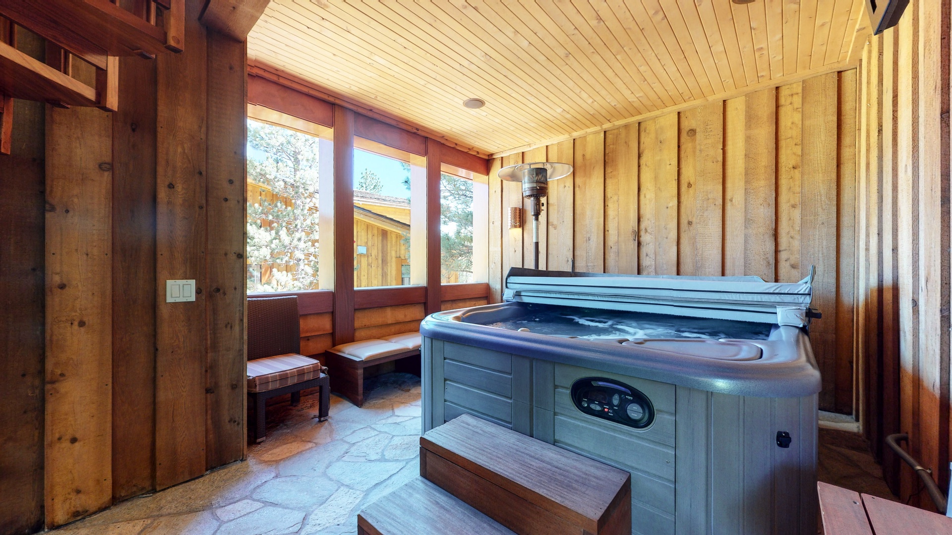 Enclosed private hot tub on 2nd floor deck