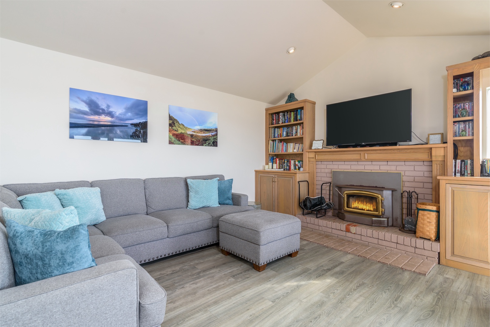 Living space with Smart TV, and wood fireplace