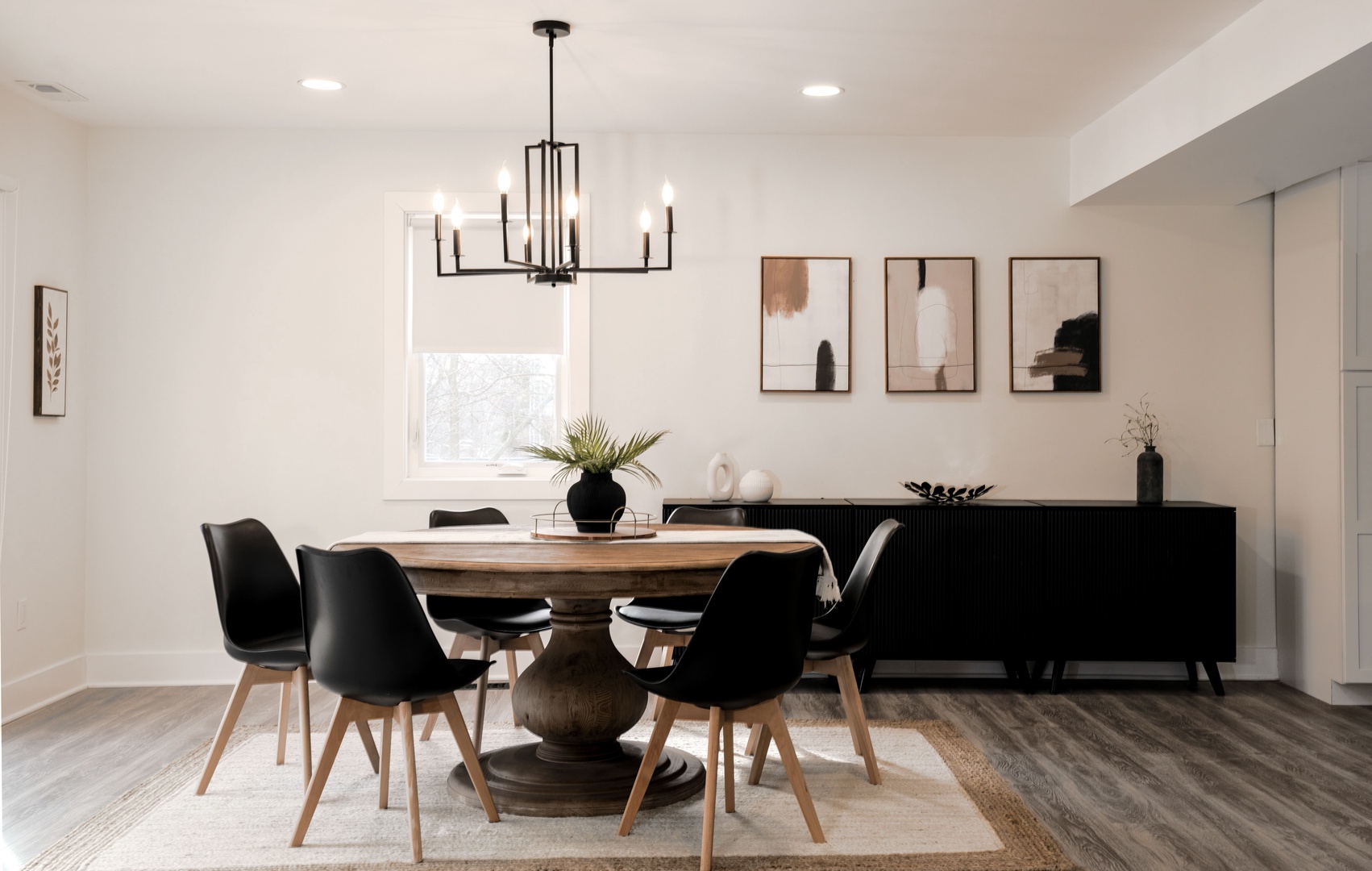 Chic dining room with table and seating for 6