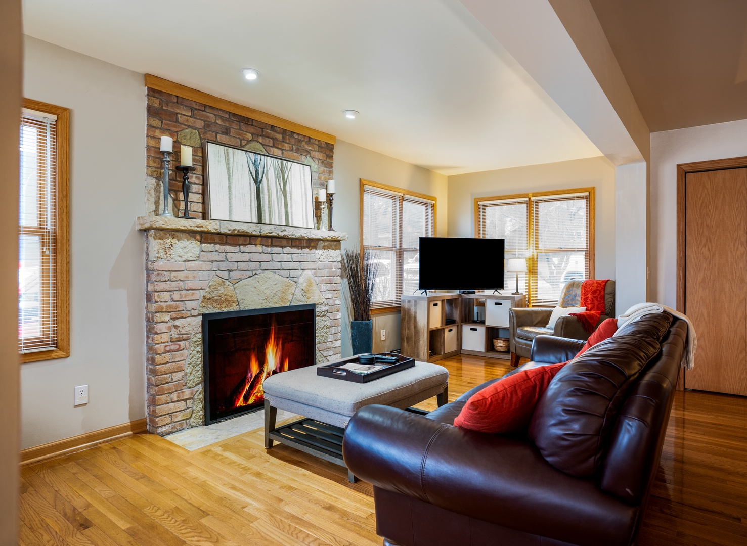Living space with gas fireplace, and Smart TV