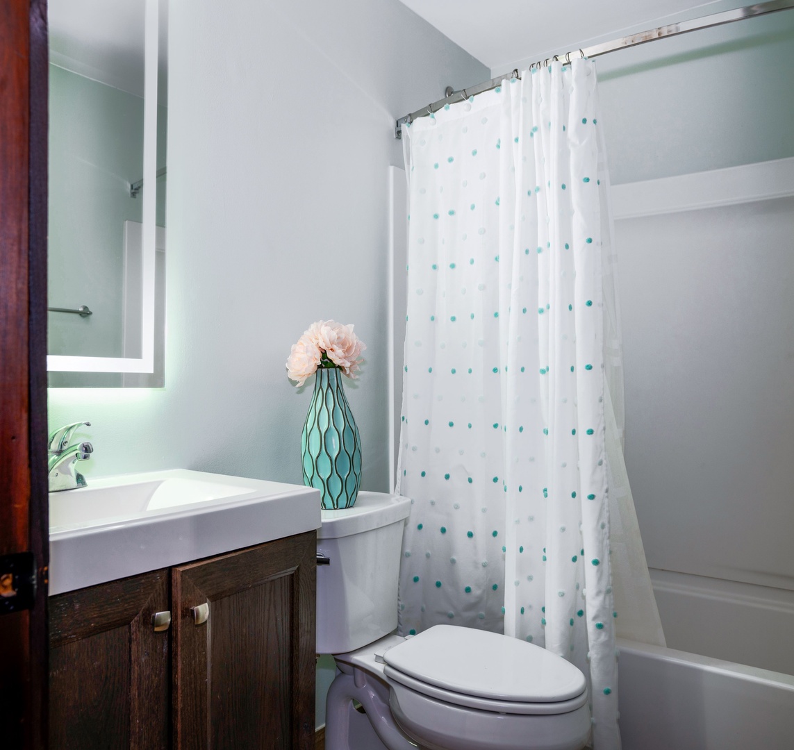 The shared full bathroom offers a single vanity & shower/tub combo