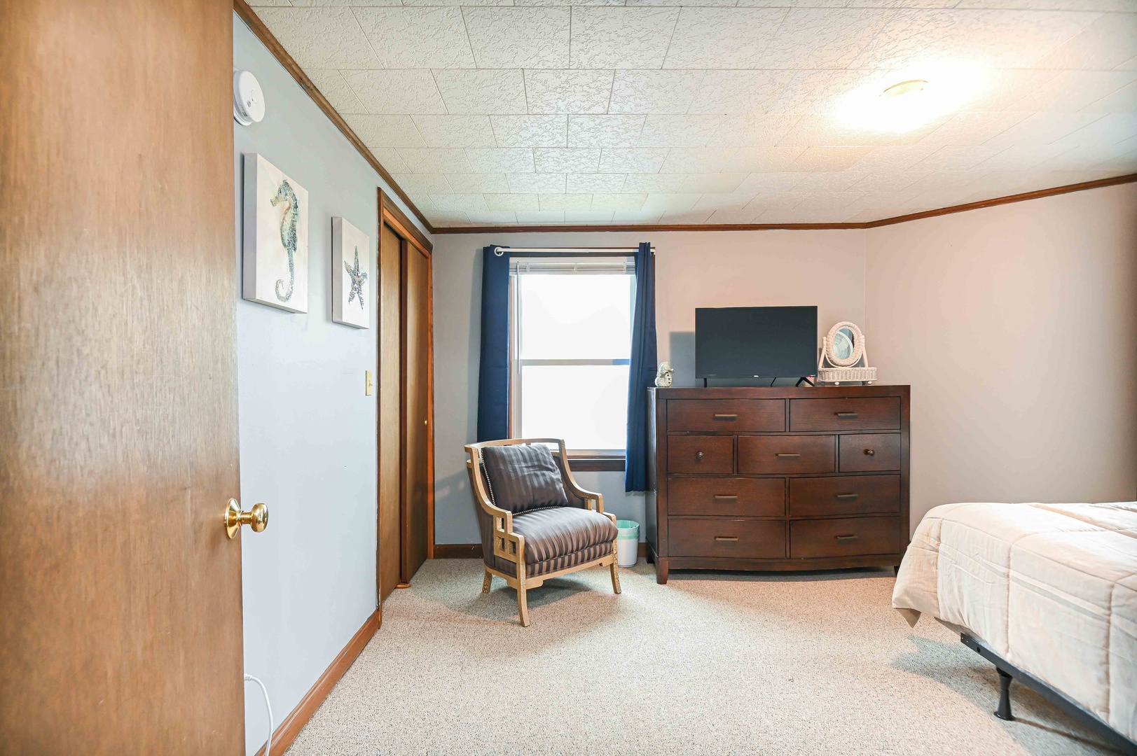 Bedroom 1 with queen bed, and Smart TV