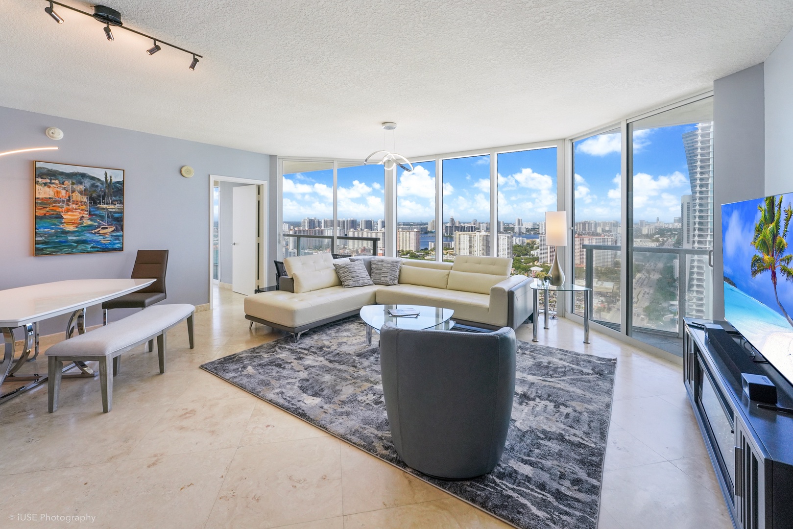 Bright living area with ample seating, TV, and stunning view