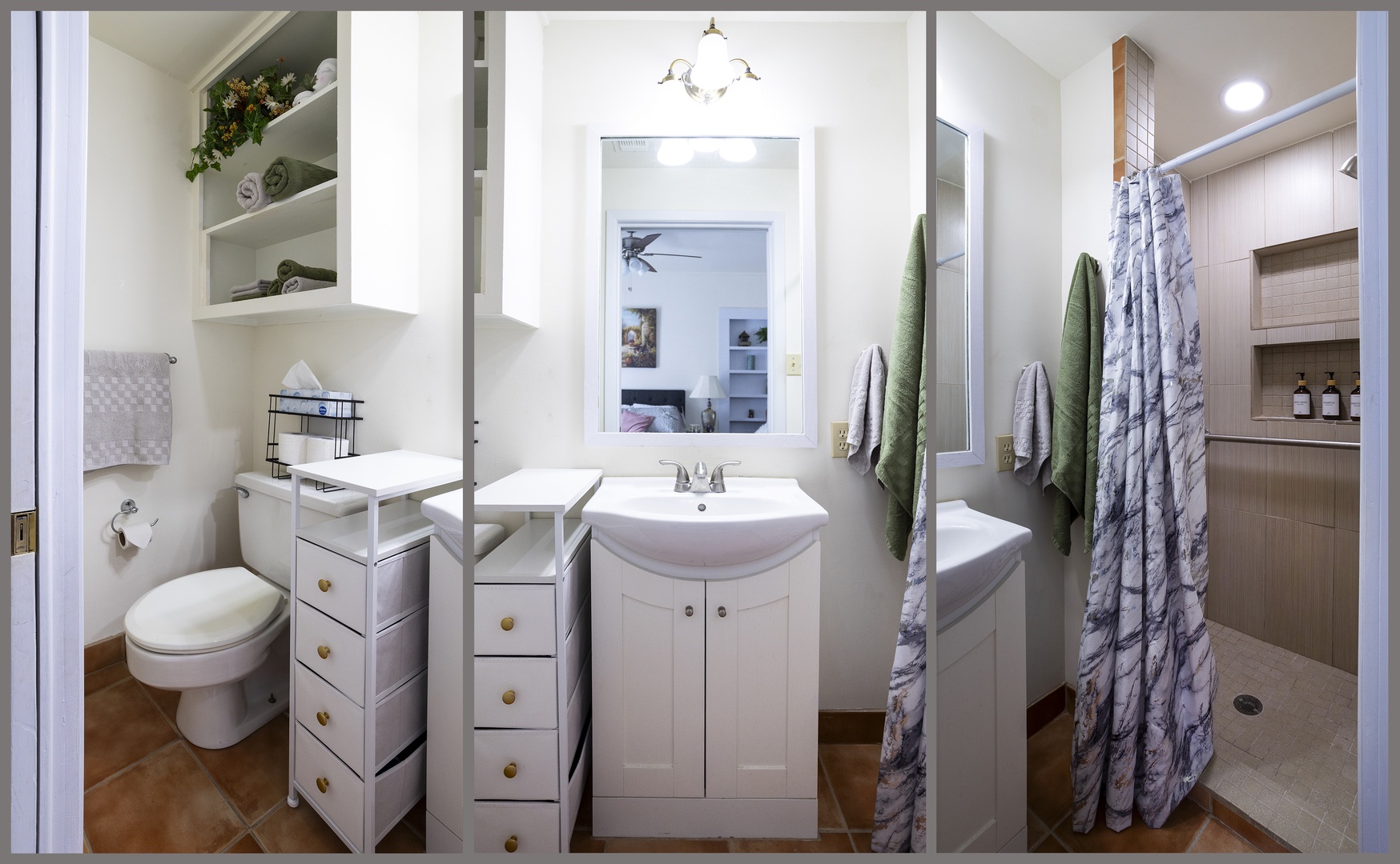 The ensuite bathroom features a stand-up tiled shower