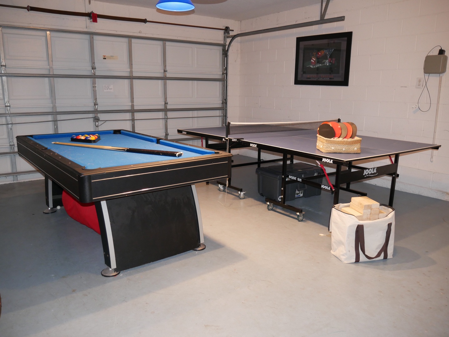 Garage converted Game Room with billiards and ping pong
