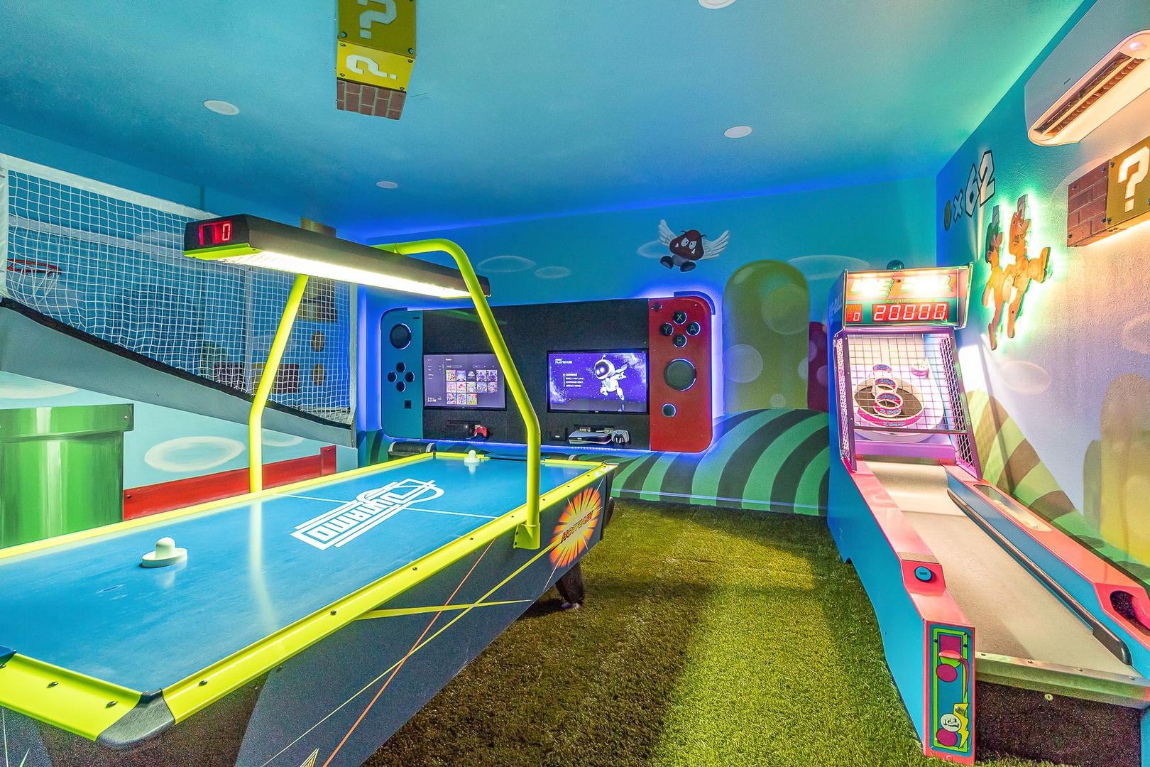 Game room with air hockey, PS5 console, basketball shoot, skeeball (1st floor)