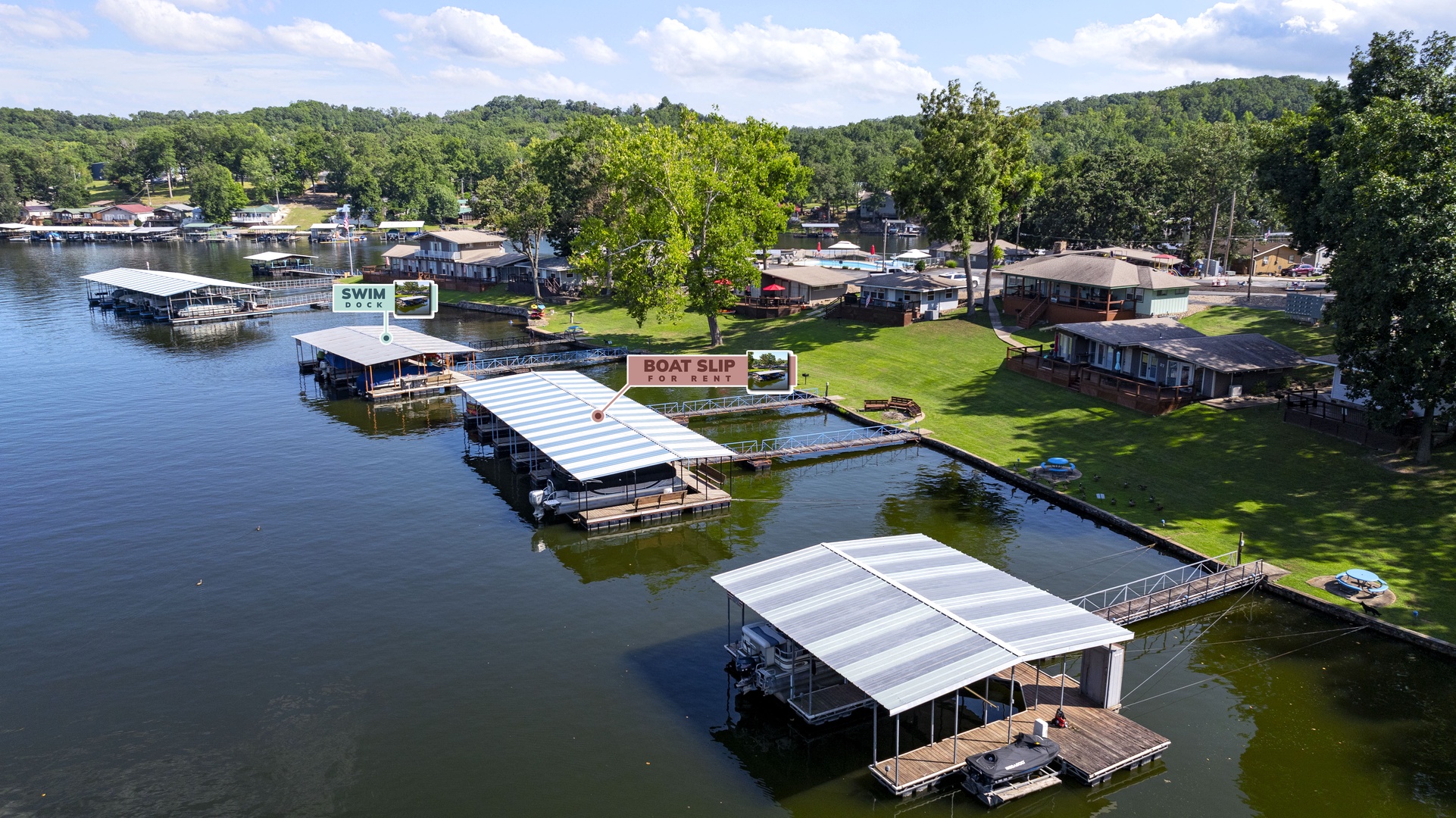 Resort community swim dock and boat slips for rent