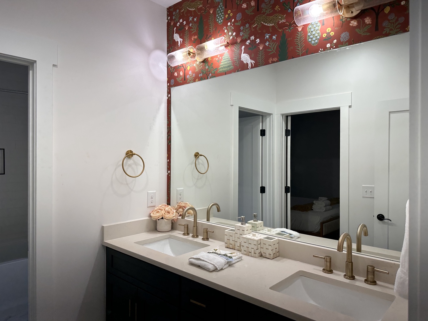 This Jack & Jill bathroom offers a double vanity & shower/tub combo