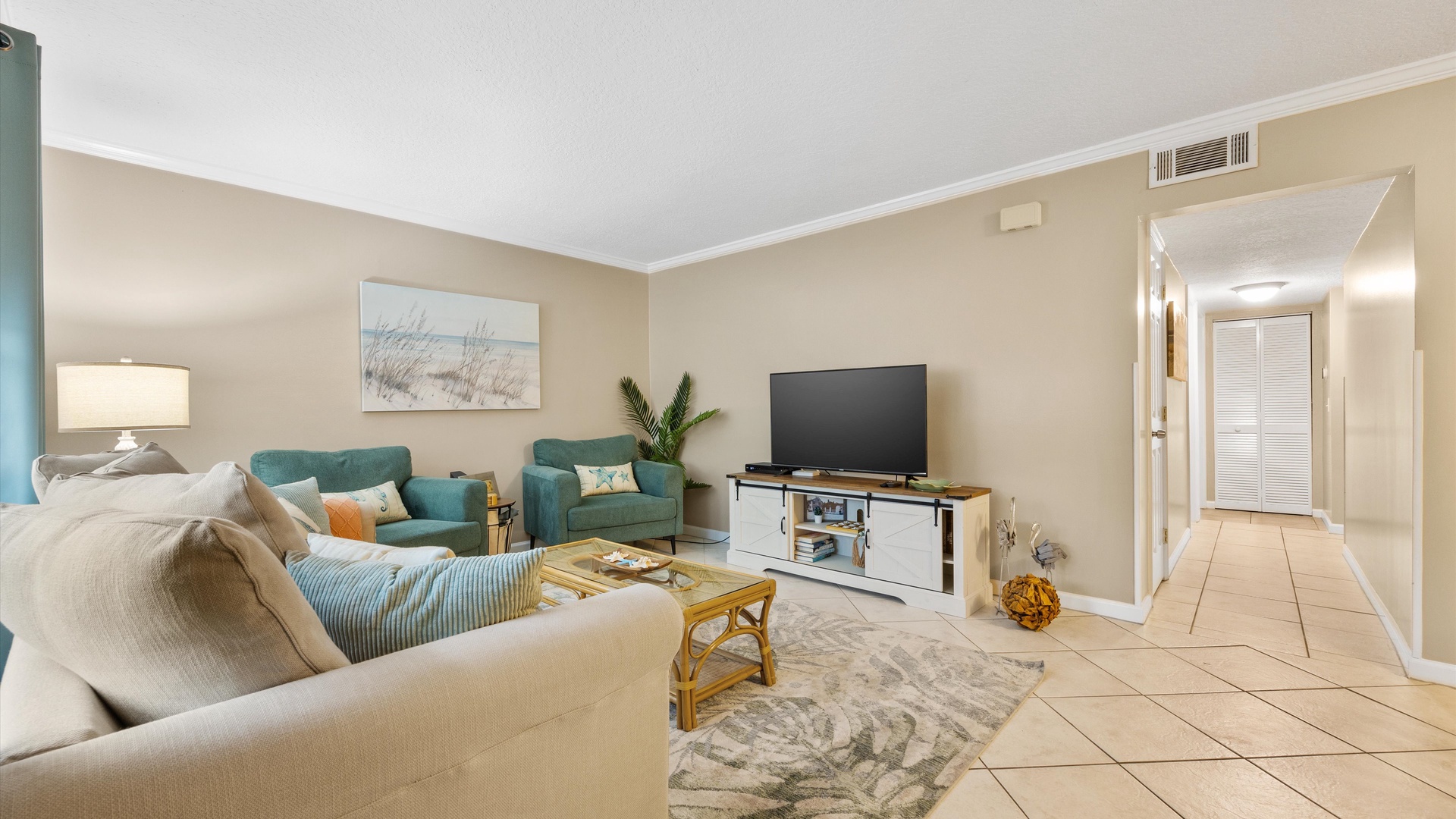 Stream all your favorite entertainment in the comfy coastal living room