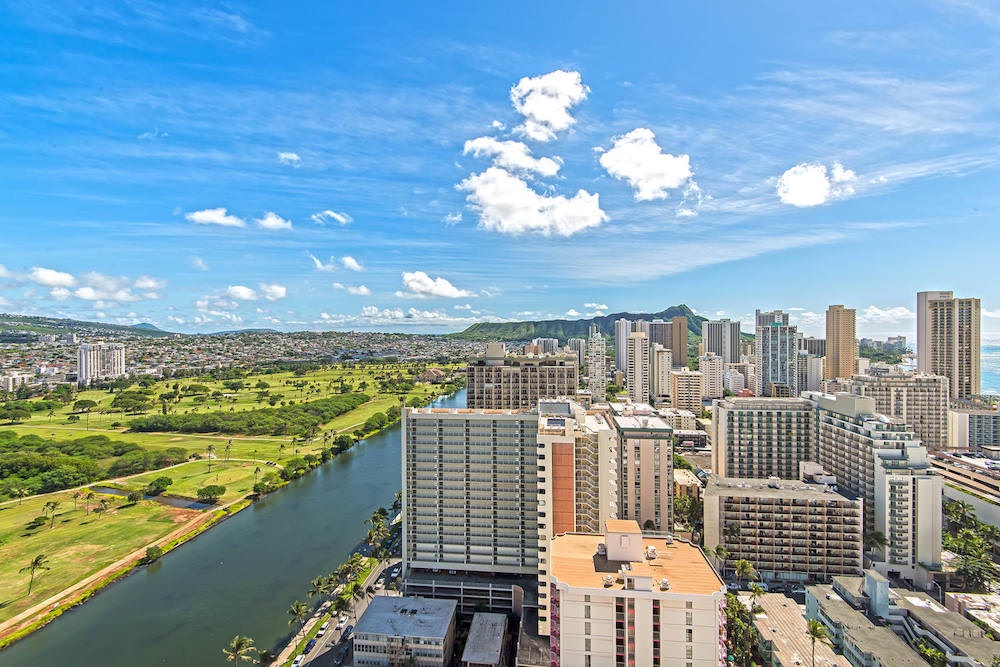 View of downtown Waikiki buildings and Ala Wai Canal