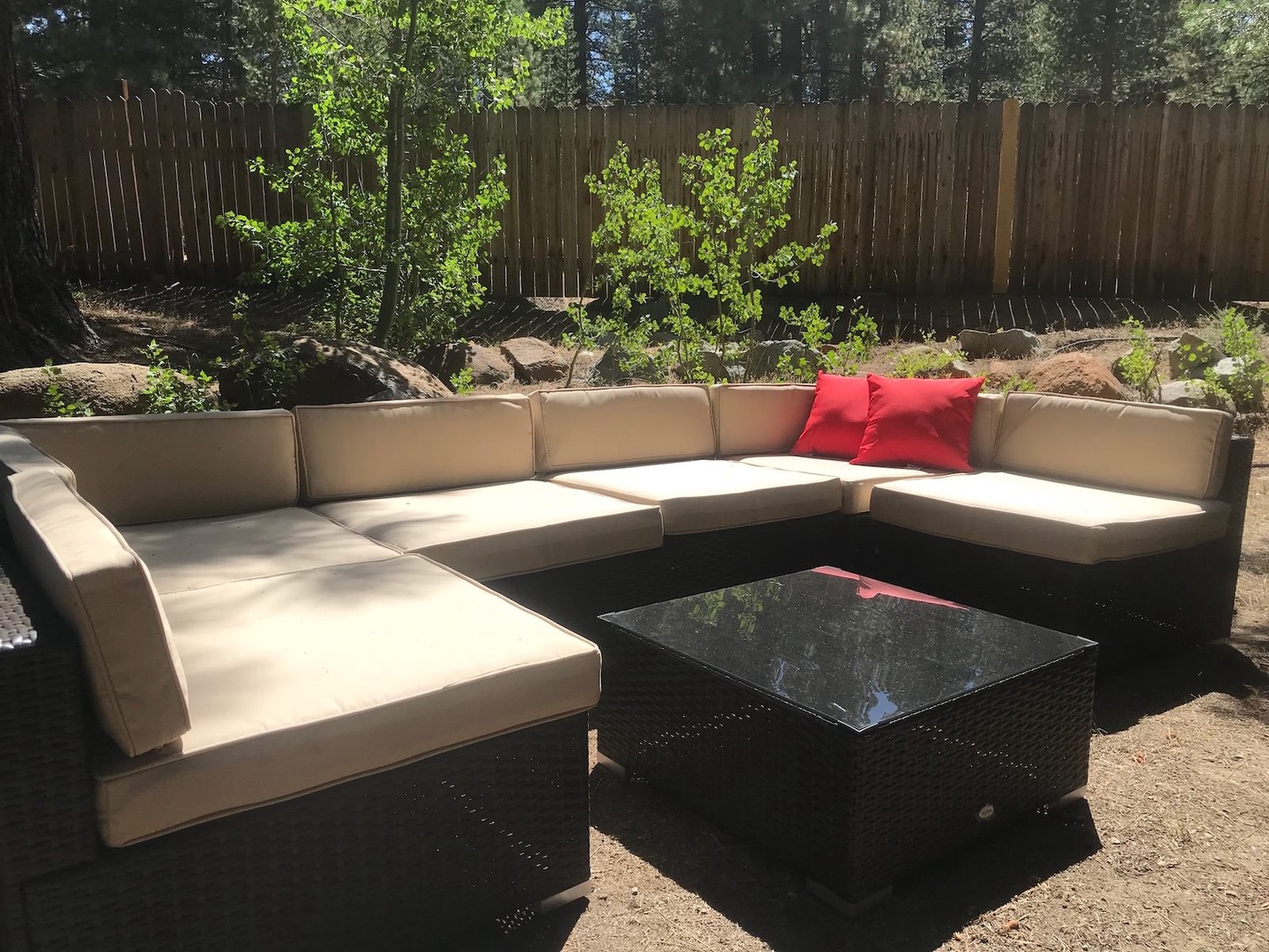Patio seating in backyard