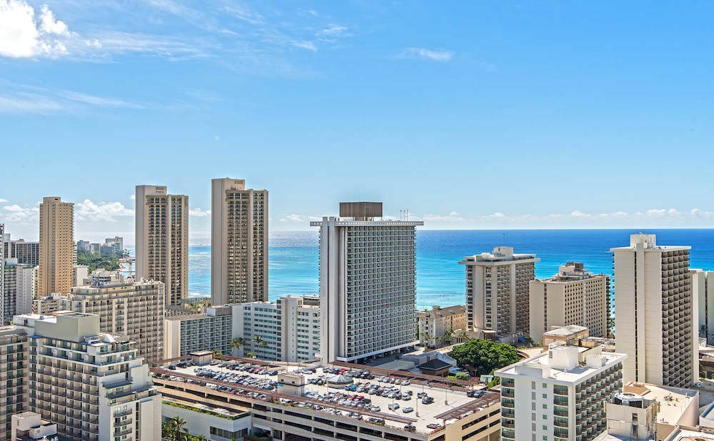 View of downtown Waikiki buildings and ocean