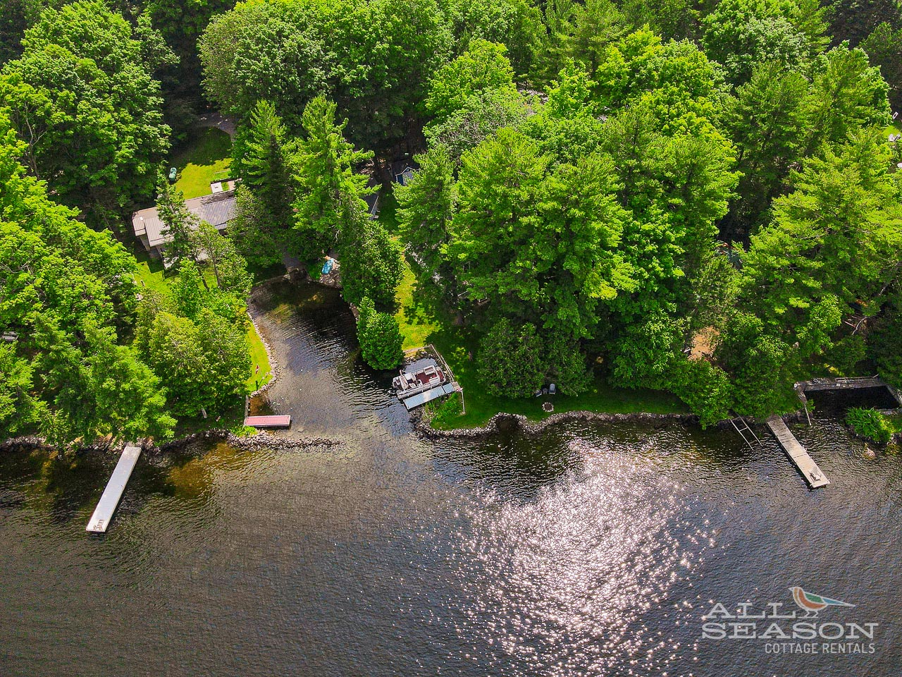 Aerial view of lakefront vacation rental property nestled among lush green forest with private dock access.