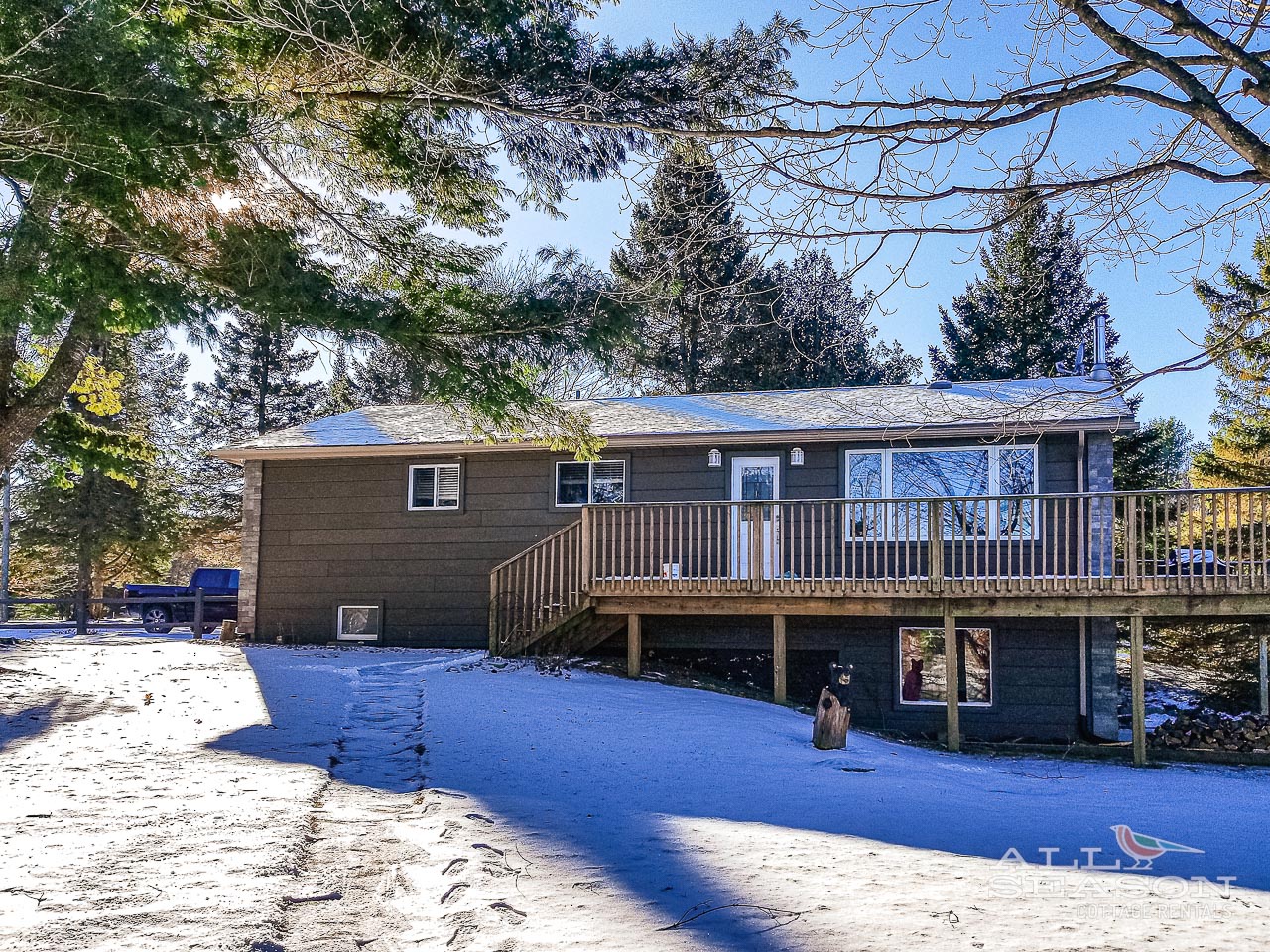 Winter retreat nestled among towering evergreens with spacious deck and peaceful snowy grounds.
