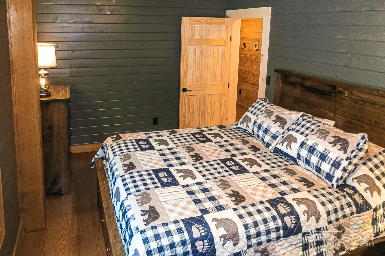 Sink into your cozy log cabin bedroom with rustic charm and nature-themed bedding for peaceful mountain nights.