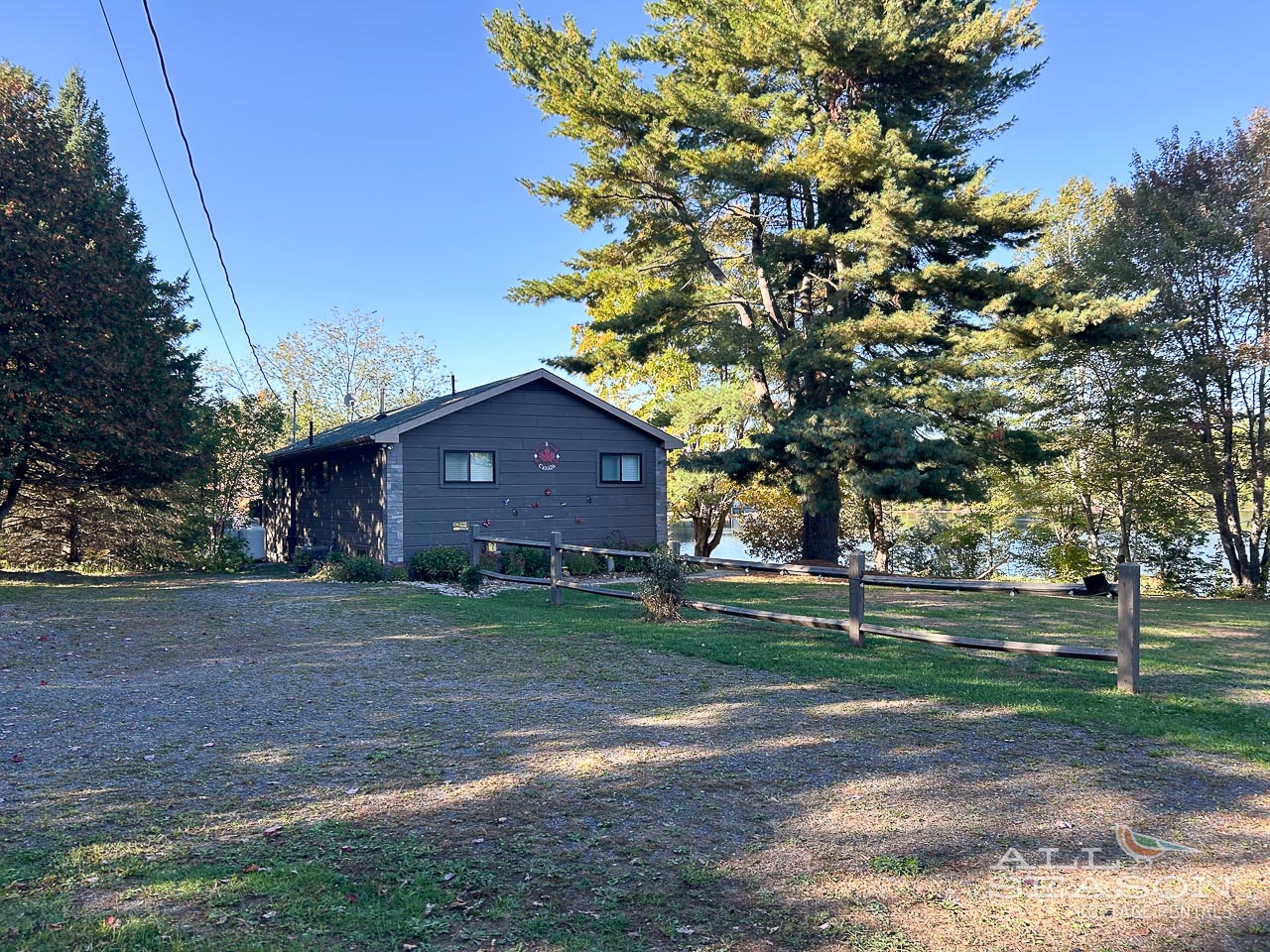 Charming lakeside cottage nestled among towering evergreens with spacious grounds and peaceful natural surroundings for your outdoor getaway.