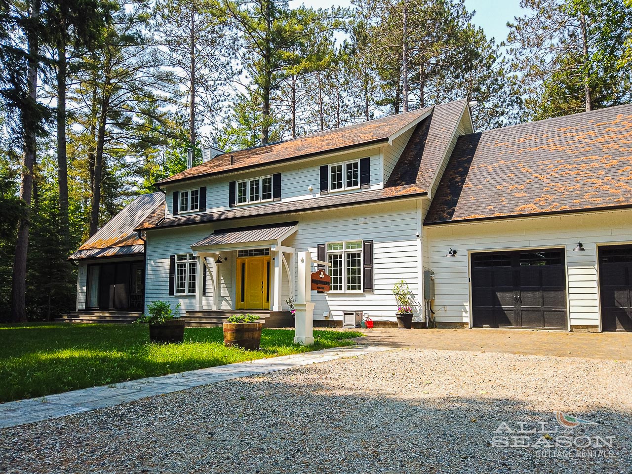 A charming retreat nestled among towering pines, featuring a welcoming yellow door and peaceful forested surroundings with convenient parking.