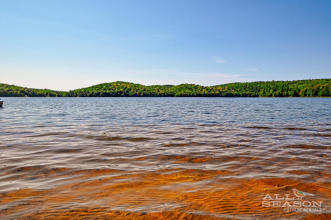Pristine lake surrounded by rolling forested hills creates a peaceful natural setting for the vacation rental property.