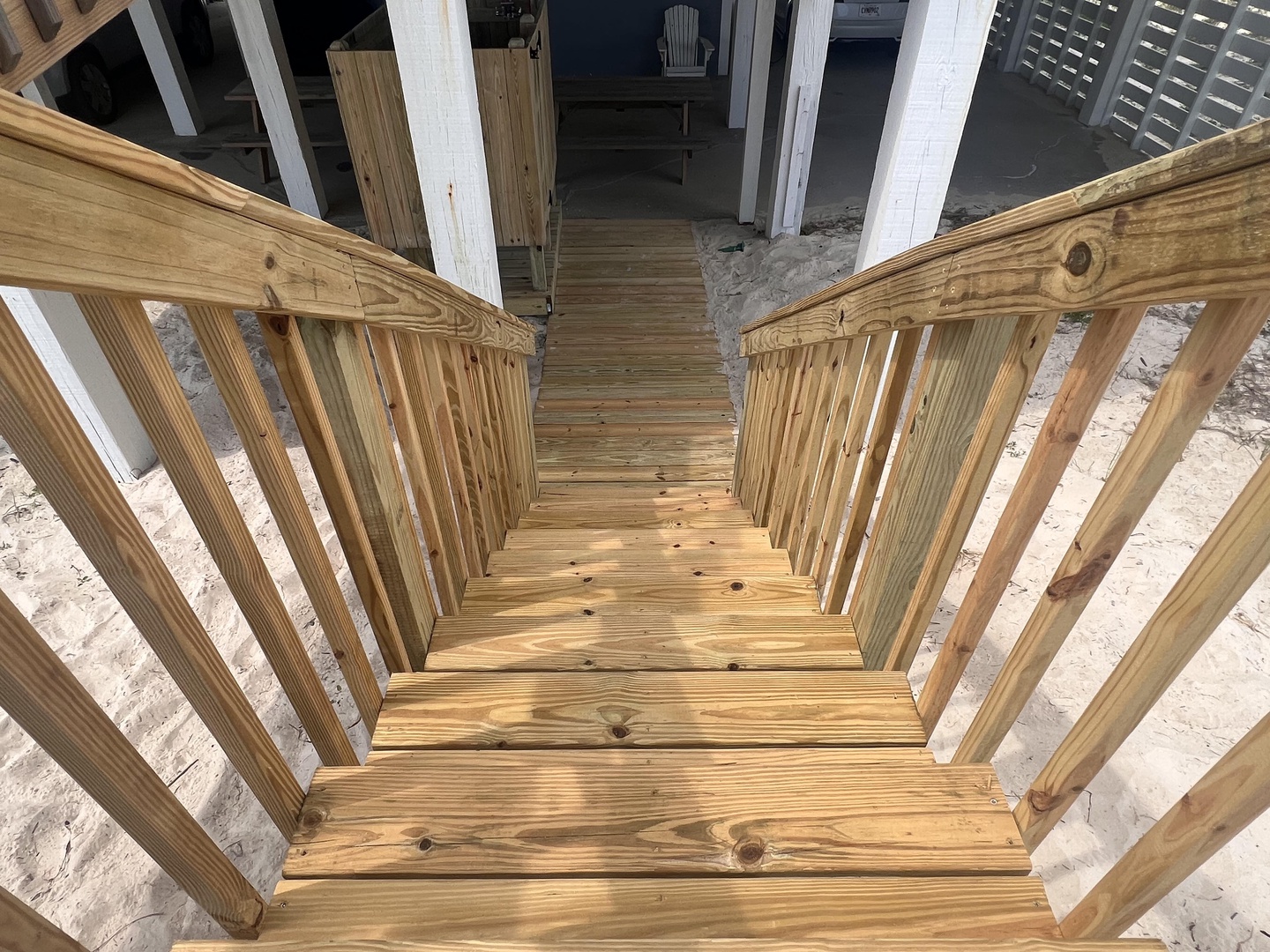 New dockside stairs leading to the outdoor shower