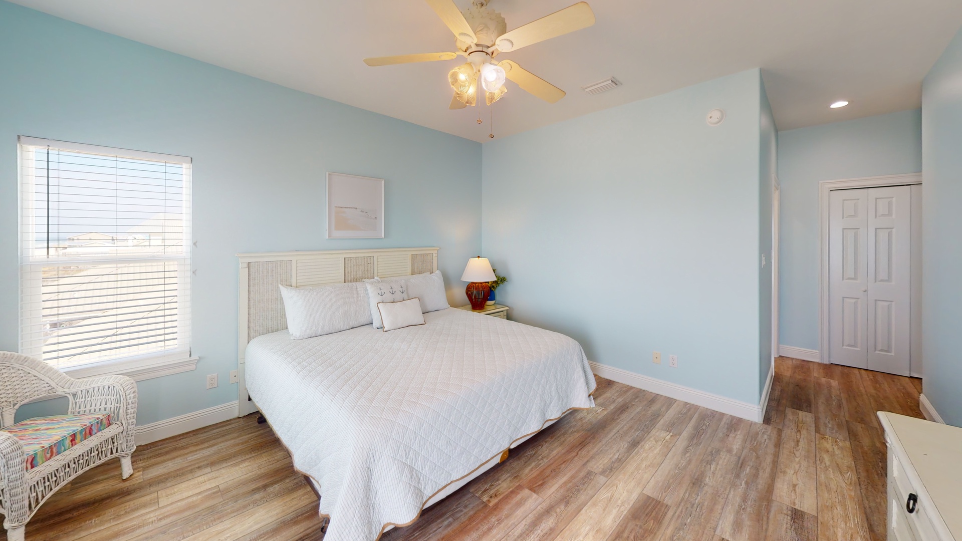 Second master bedroom( #7) features a king bed, TV with cable, access to the balcony with beach views and an attached, private bathroom