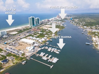 Map showing the public boat launch and Zeke's Marina