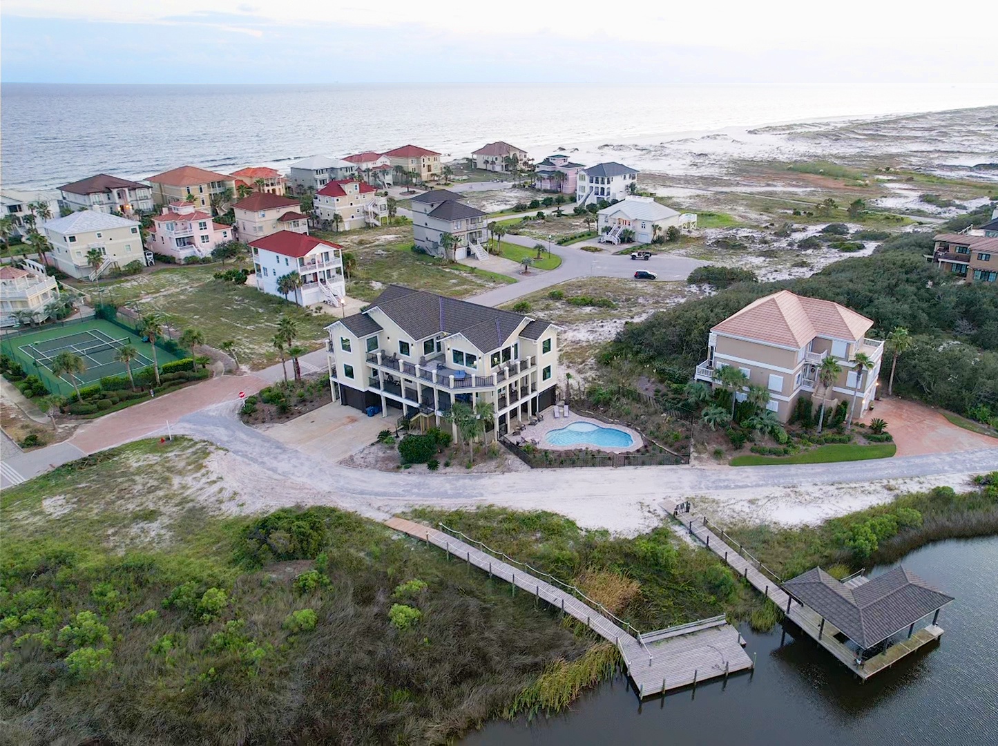 Birds eye view of home, lagoon and Gulf