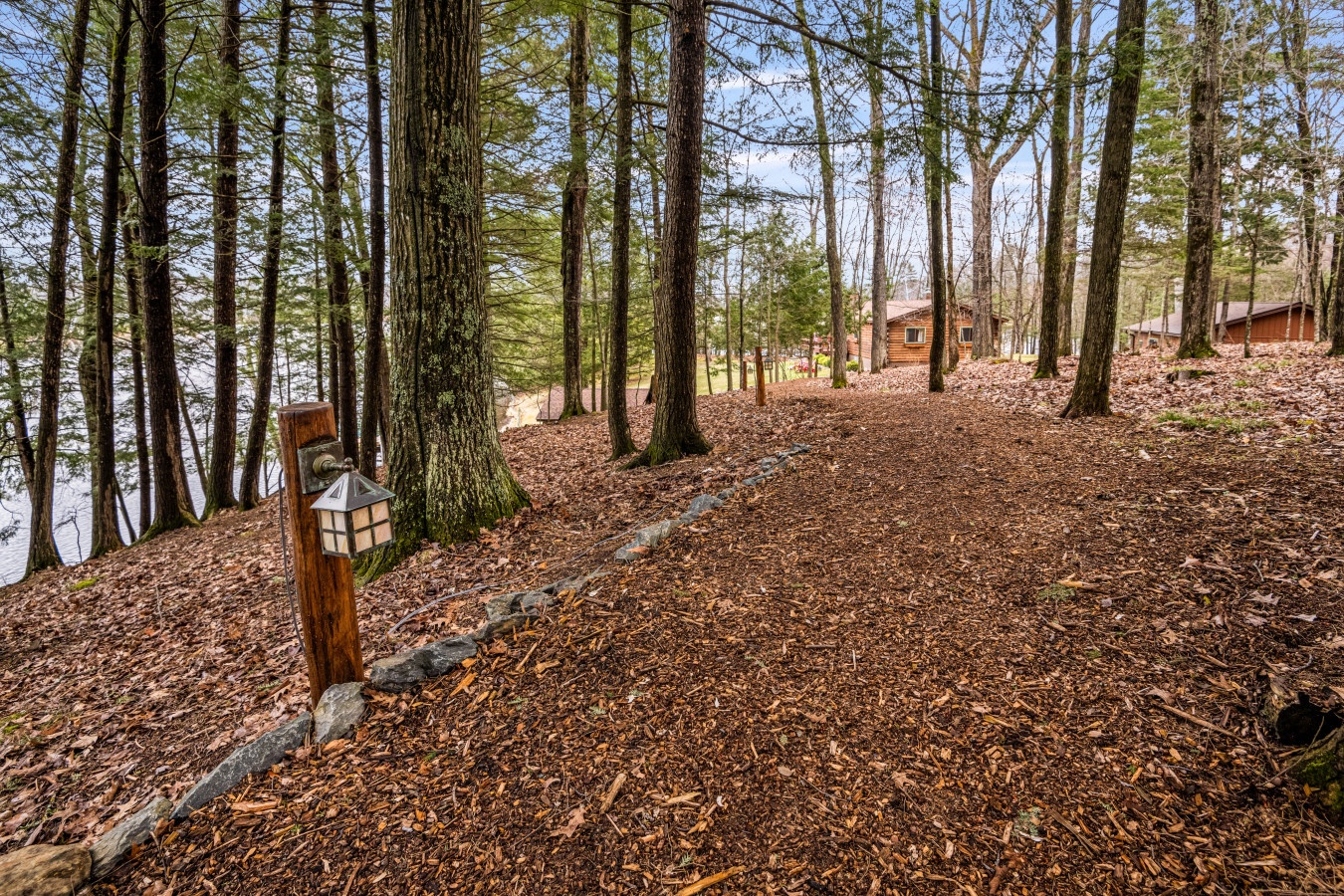 Peaceful wooded trails wind through the property grounds, offering natural pathways to explore the surrounding forest landscape.
