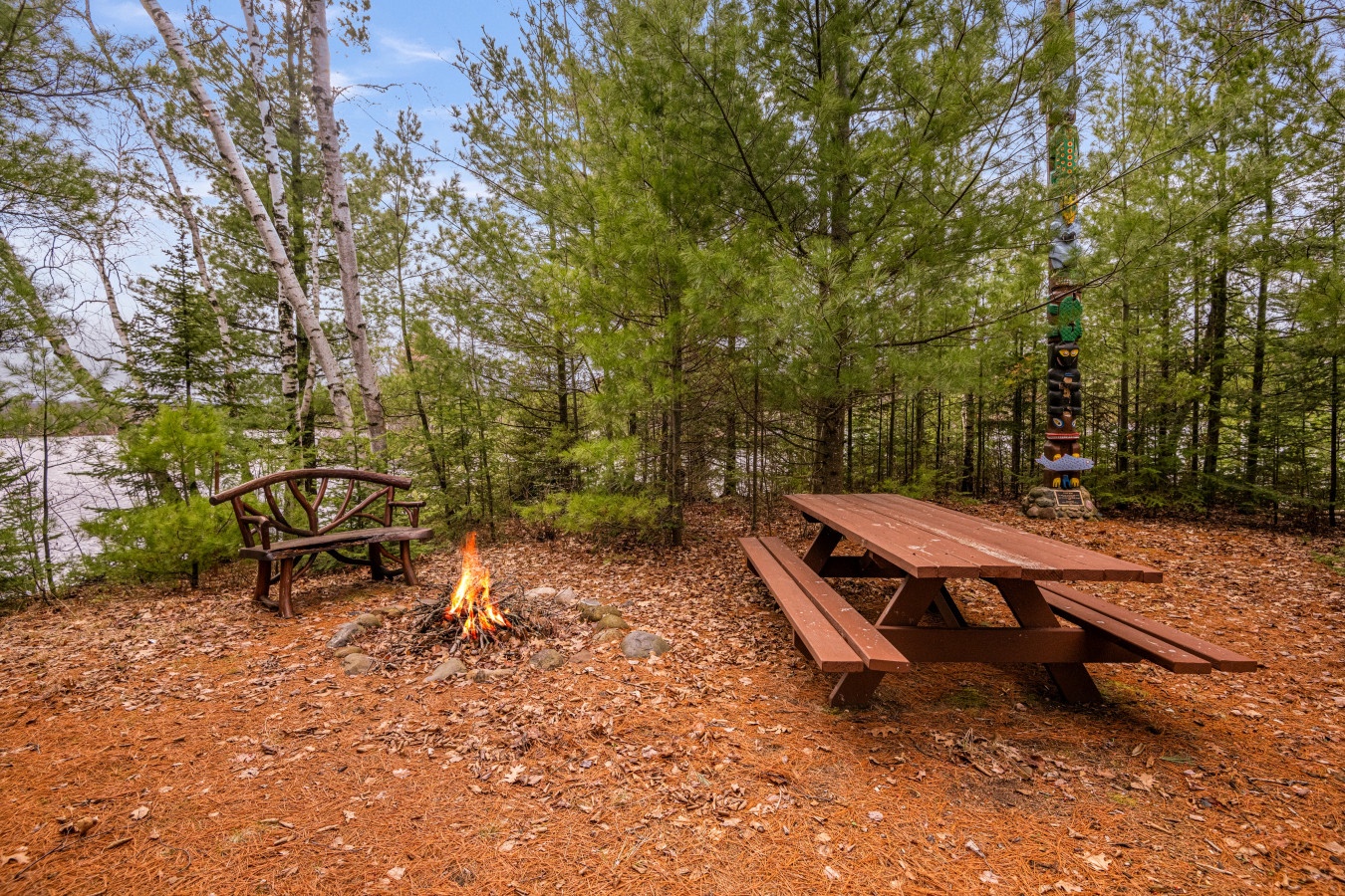 Gather around your private fire pit for s'mores and stories under the stars, with rustic picnic seating surrounded by towering pines.