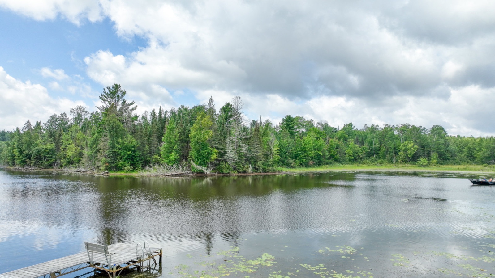 Tranquil lakefront setting with pristine waters, lush forest backdrop, and private dock access for peaceful waterside moments.