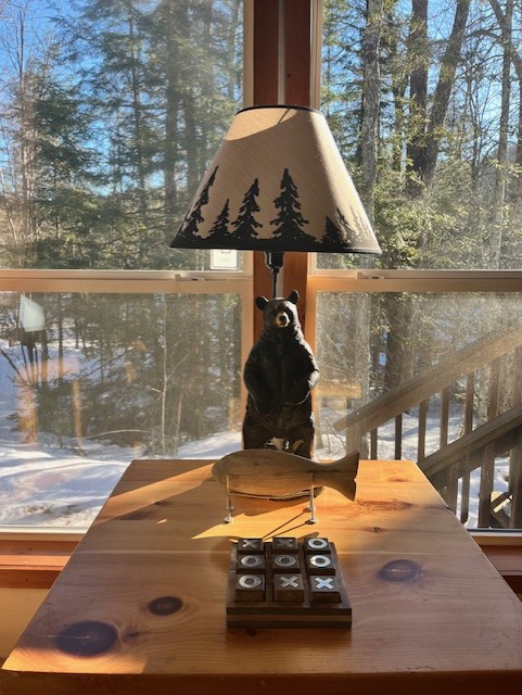 Cozy cabin charm meets your morning coffee ritual with rustic bear lamp and peaceful forest views through snowy windows.